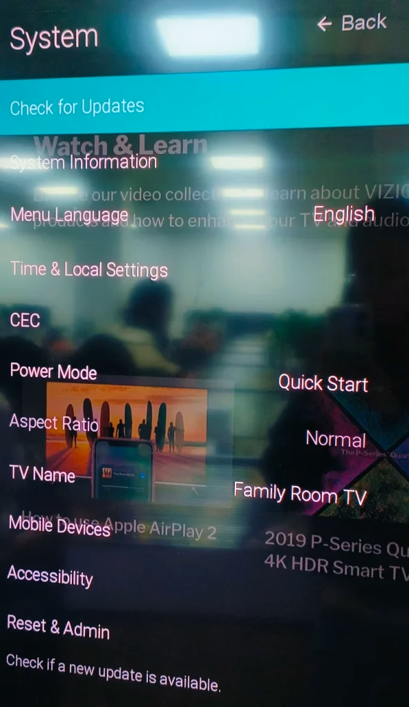 choose Check for updates on Vizio TV