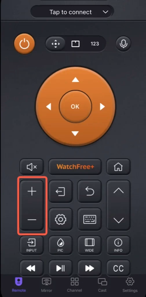 Volume buttons on the Vizio remote app