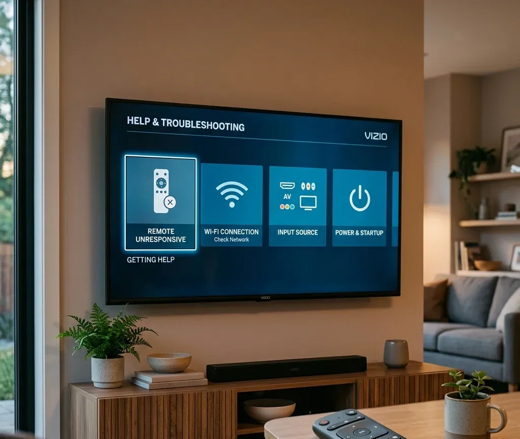 Vizio TV and remote on a media console during setup and troubleshooting