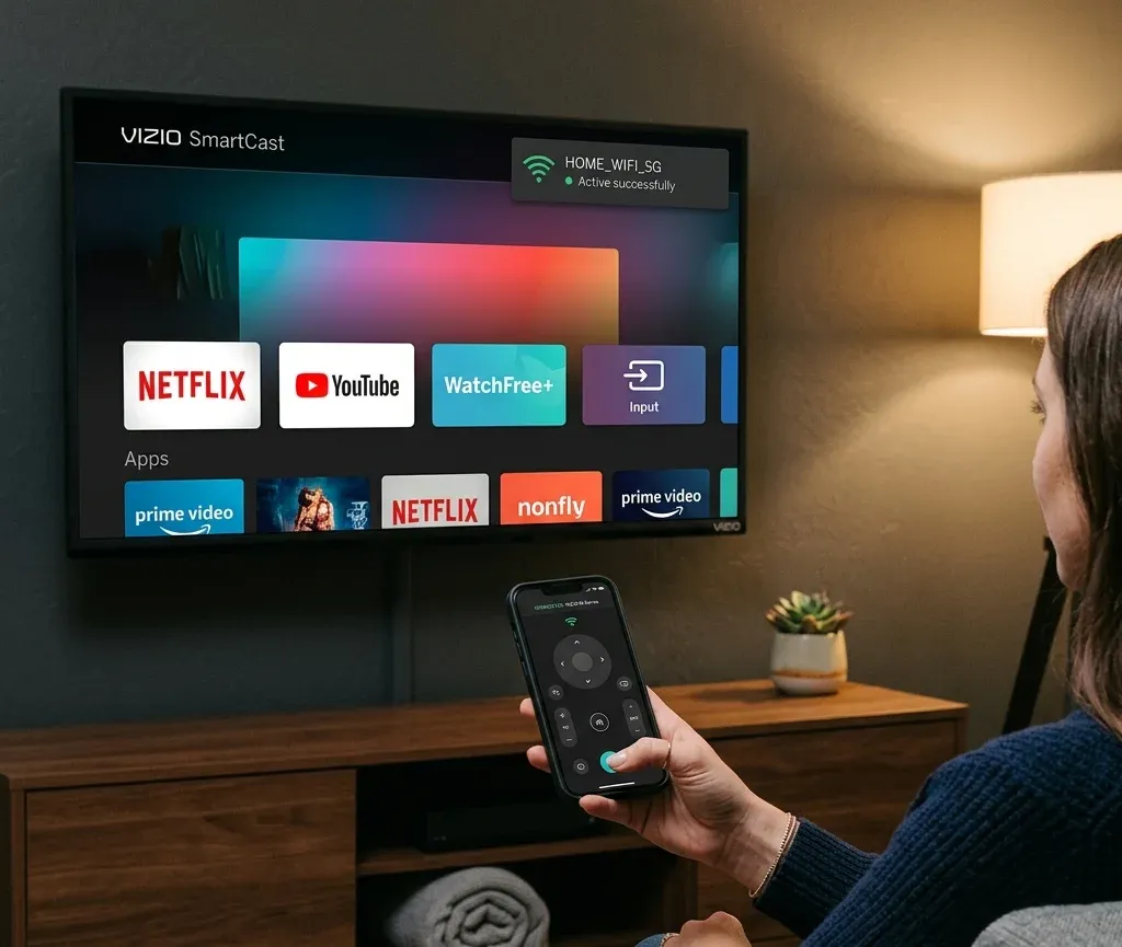 Smartphone being used as a Vizio TV remote on the same home Wi-Fi network