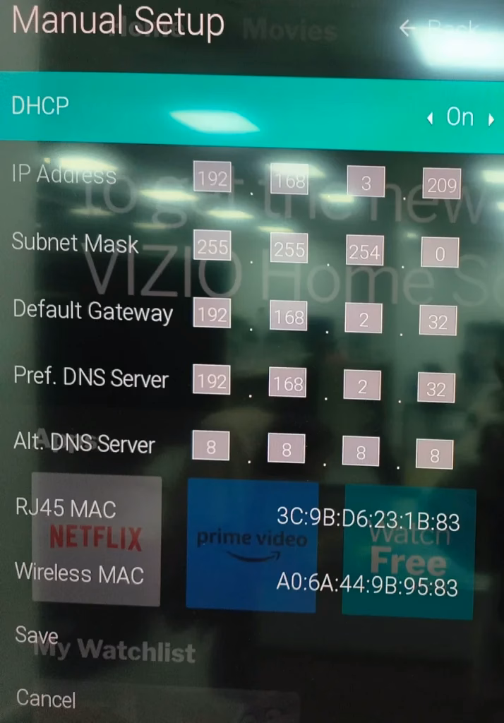 navigate to DHCP on Vizio TV
