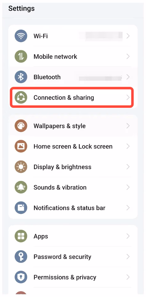 find Connection & sharing in the Settings menu