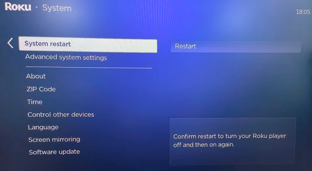 choose System restart on Roku