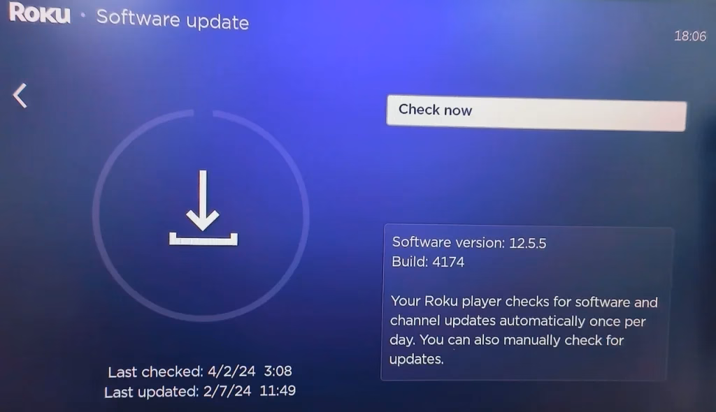 choose Check now on Roku